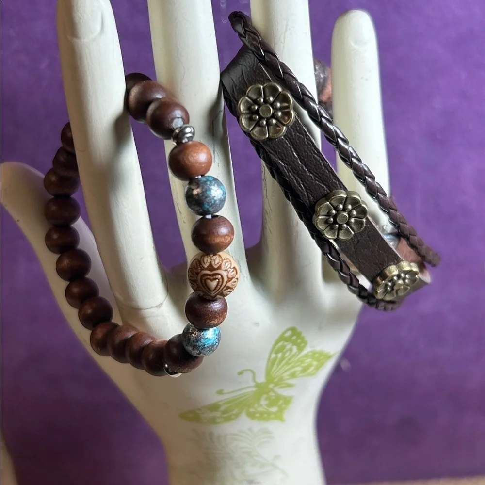 Fancy Wooden Beads Bracelet & Braided Leather Flower Bracelet Bundle (G)